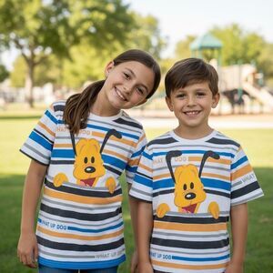 Disney Parks Pluto What Up Dog Graphic Striped T-Shirt Unisex Kids Large